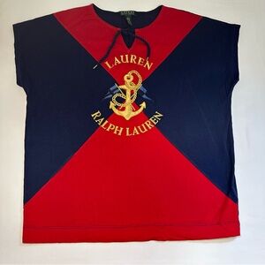 Lauren Ralph Lauren Nautical Anchor Tee Red Navy Colorblock Women’s Top